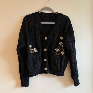 Black Cable Knit Cardigan with Floral Embroidery